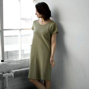 Elegantees Odessa French Terry Shift Dress in Olive Tan